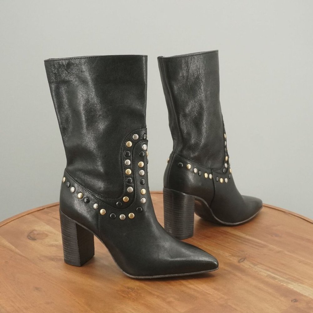 NEW Free People Womens Studded Dakota Heel Boots Size 36.5 / 6.5 Black Leather